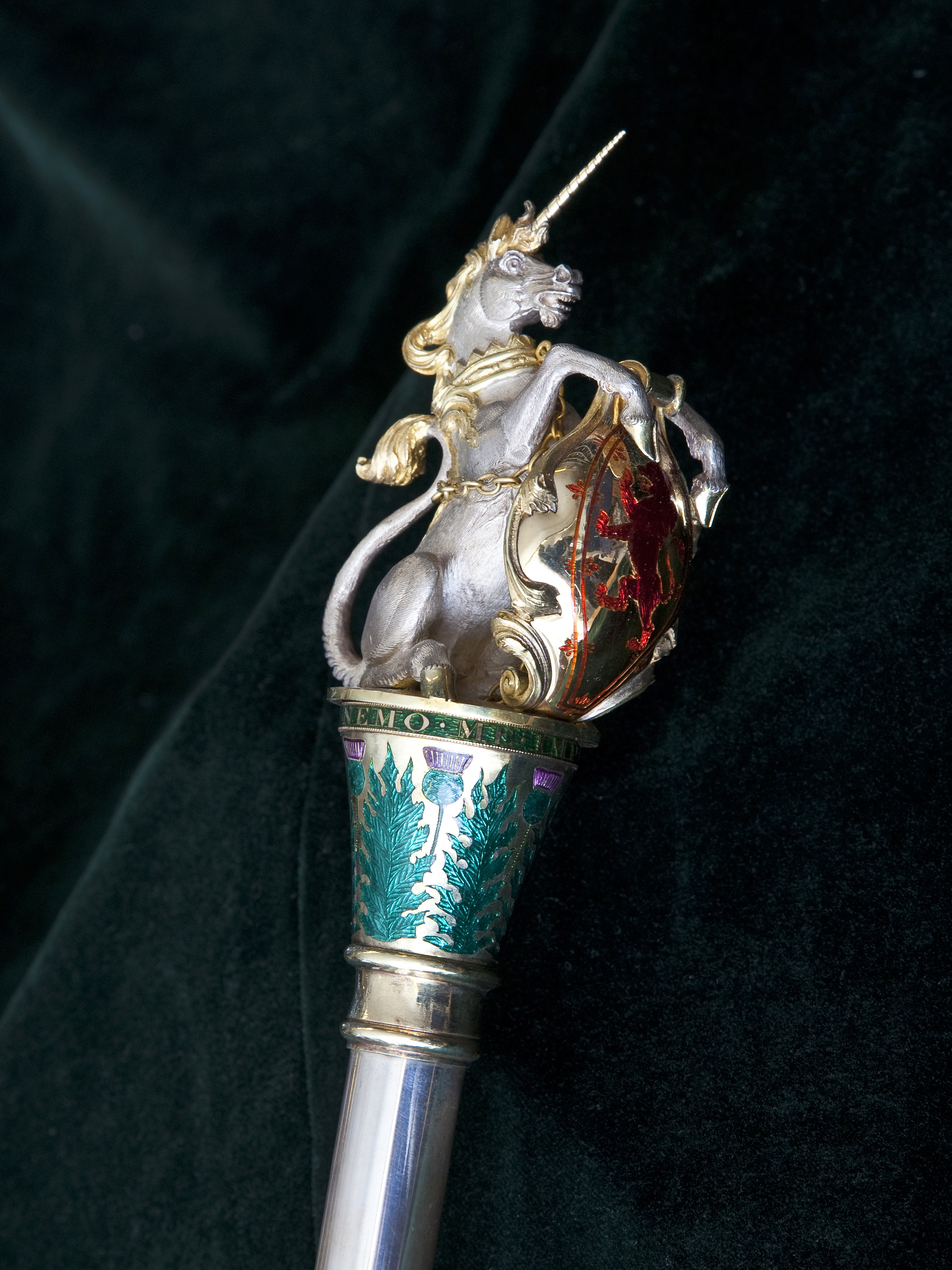 Culture Perth & Kinross - A regal silver unicorn features atop the 19th century ceremonial rod or wand, part of the regalia of the Usher of the White Rod reproduced by Permission of the Trustees and Factor and Commissioner of the Walker Trust. Photography by National Museums Scotland